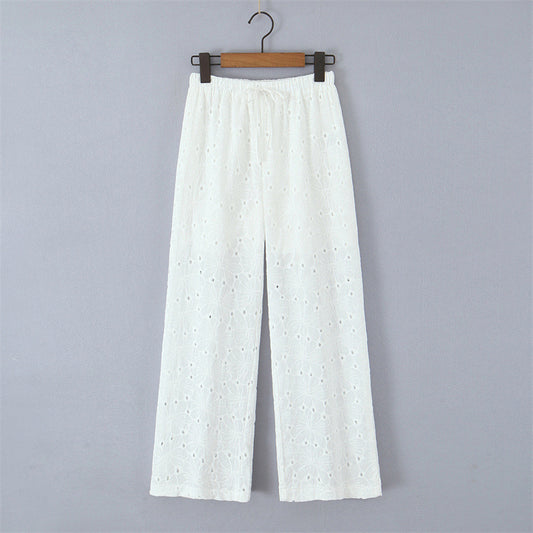 Hollow Embroidery Lace-up Straight-leg Pants