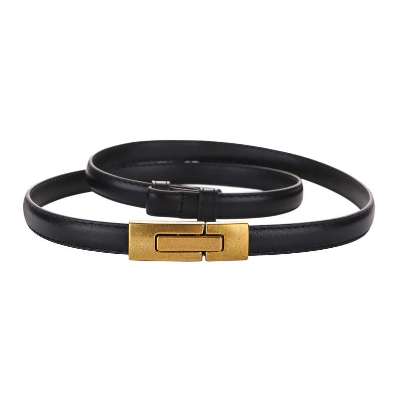 Women's Leather Thin Belt First Layer Cow Leather Button