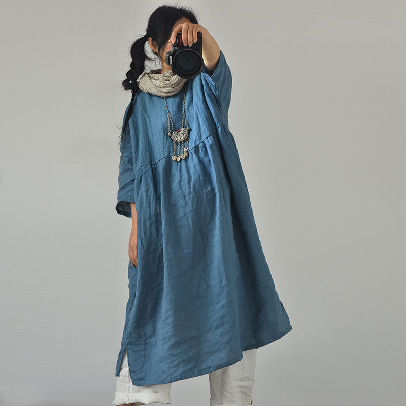 Original Linen Round Neck Embroidery Thread 34 Sleeve Swing Dress