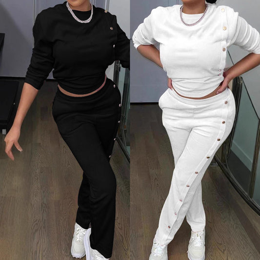 Stylish Casual Sweatshirt Set With Side Button Detailing