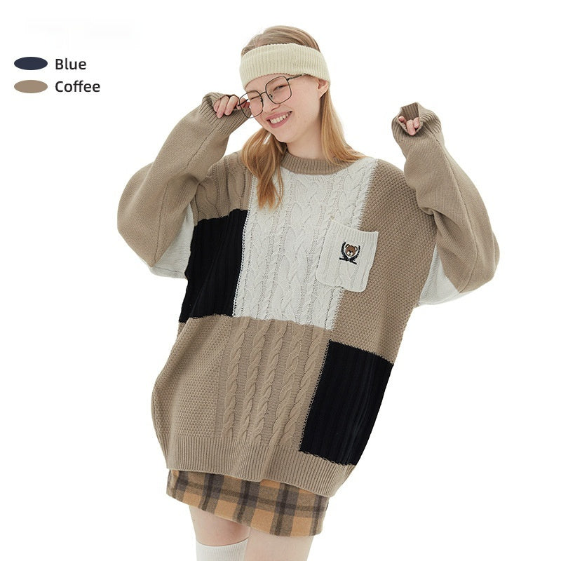 Color Matching Long Sleeve Round Neck Couple Wear Cable-knit Sweater Women