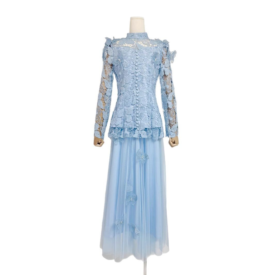 Womens Lace Jacquard Patchwork Top And Mesh Skirt Set