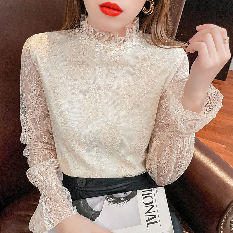 Fashion European Fleece-lined Thick Lace Bottoming Shirt Western Style Chiffon Small Shirt For Women