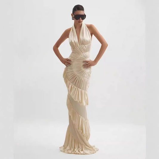 Asymmetrical Pleated Ruffle Bodycon Sheath Fishtail Long Dress