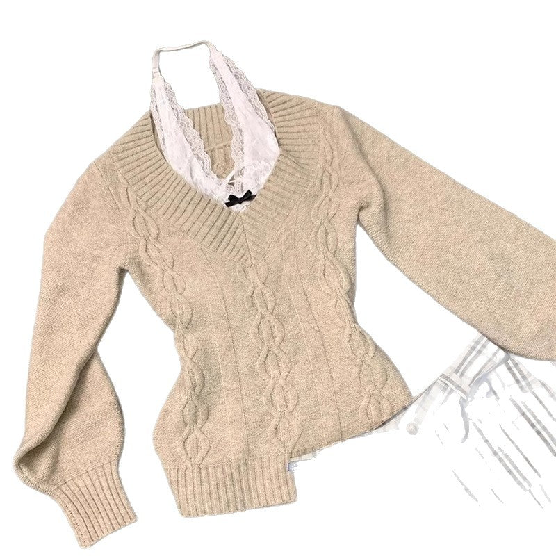 French-style Subtly Seductive Off-shoulder Long-sleeve Sweater As An Outer Layer