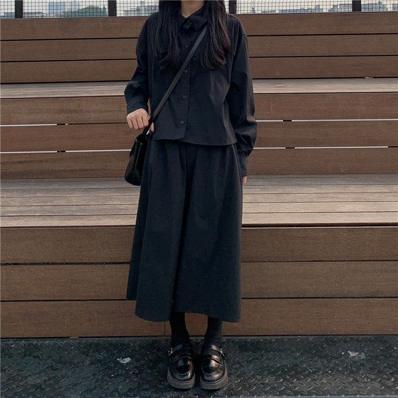 Women's Dark Shirt High Waist A-line Skirt Suit