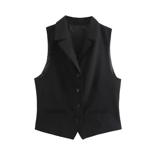 Womens Solid-Color Elegant Lapel Sleeveless Single-Breasted Vest