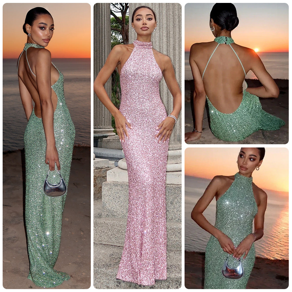 New Halter Neck Sleeveless Sequin Bodycon Evening Dress