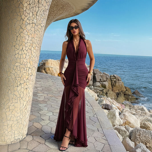 Womens Solid-Color Casual Hip-Hugging Low-Cut Dress