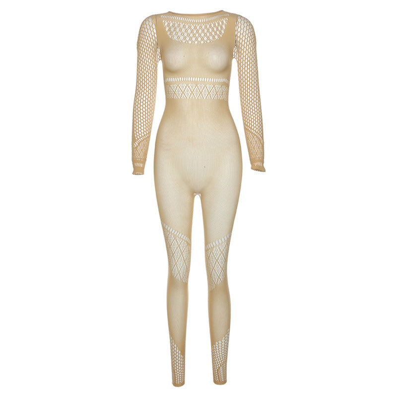 Summer Women's Mesh See-through Hollow High Waist Tight Jumpsuit