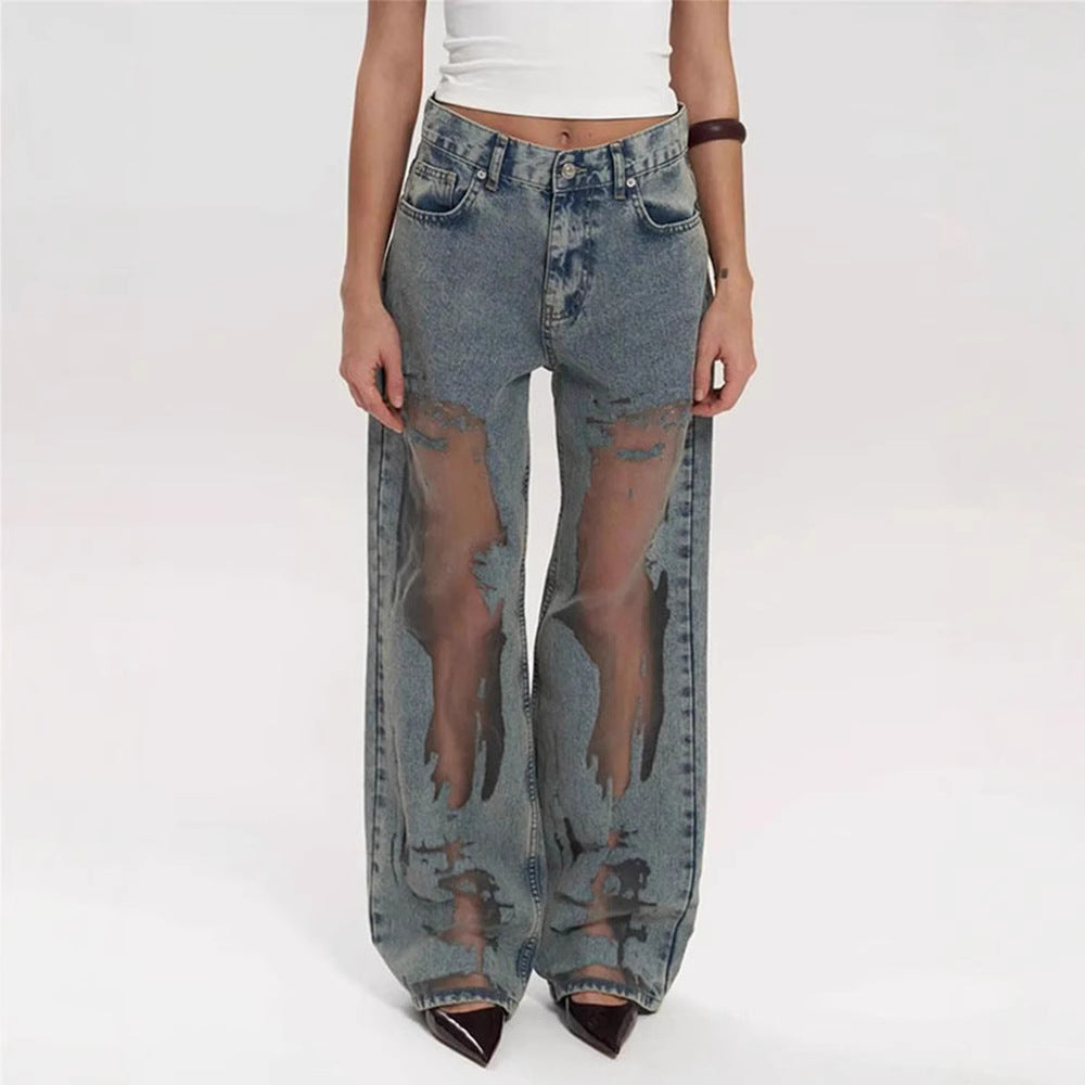 Retro bukser med lige ben, udhulet tekstur, niche-design-jeans, Y2g-bukser med vide ben
