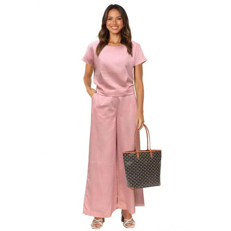Women's Fashion Solid Color Large Size Loose Short-sleeved Trousers Two-piece Set