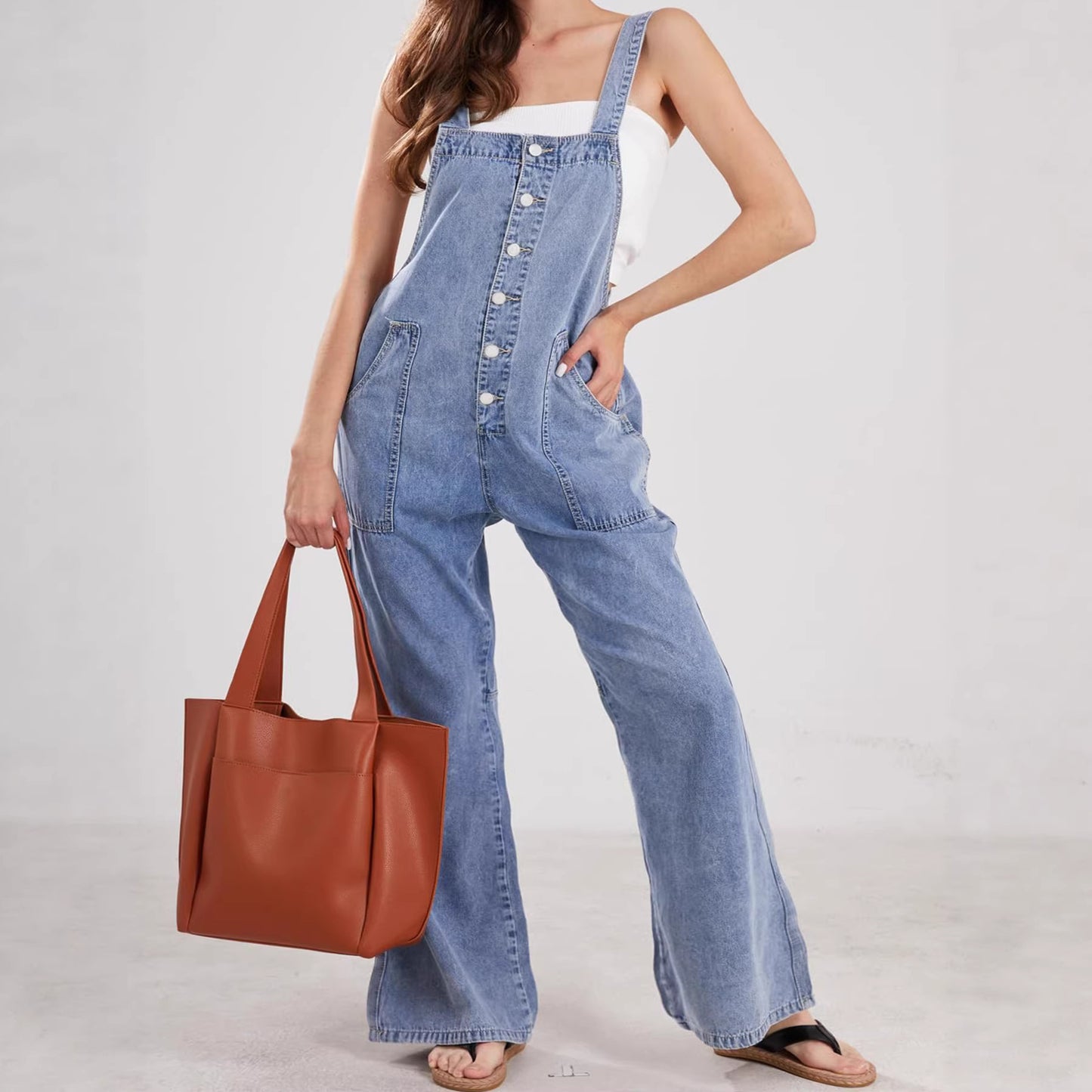 Womens Casual Loose-fit Straight-leg Overalls