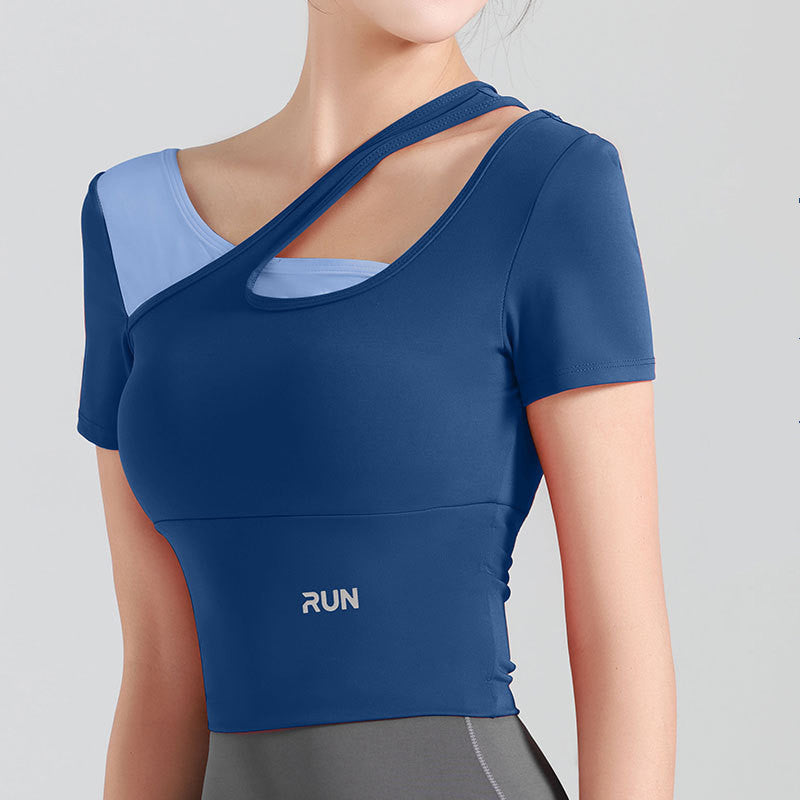 Peach Slanted Shoulder Color Matching Yoga Short-sleeved