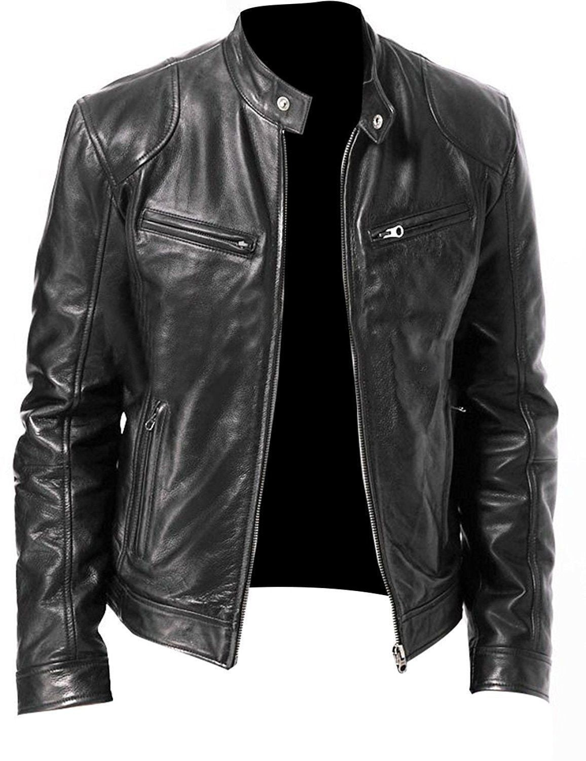 Mens Leather With A Stand-up Collar Punk-style Jacket