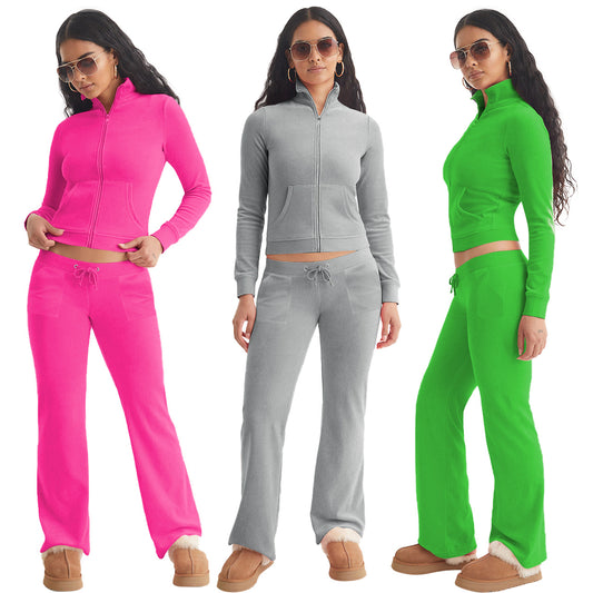 Stylish Casual Two-Piece Set With Silver Fox Fleece Stand Collar