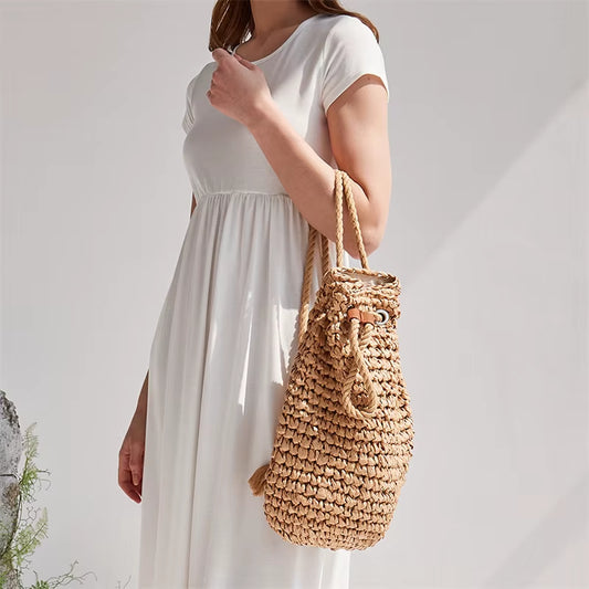2023 Summer Women's Handmade Straw Backpacks - Casual Drawstring Beach Shoulder Bags in Raffia Rattan Woven Design