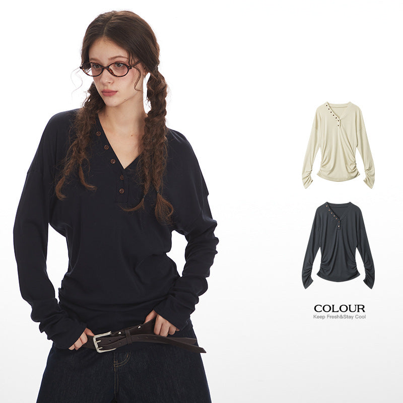 New Womens Fall Slim-fitDesigner-style V-neckWaist-cinching Long-sleeve Top