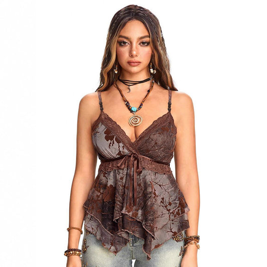 Summer V-neck Waist-cinching Irregular Retro