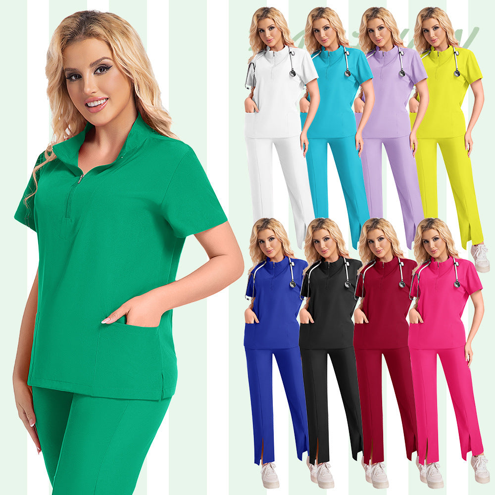 New Summer Casual Stand Up Collar Zipper Short Sleeved Surgical Gown