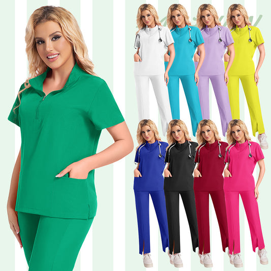 New Summer Casual Stand Up Collar Zipper Short Sleeved Surgical Gown