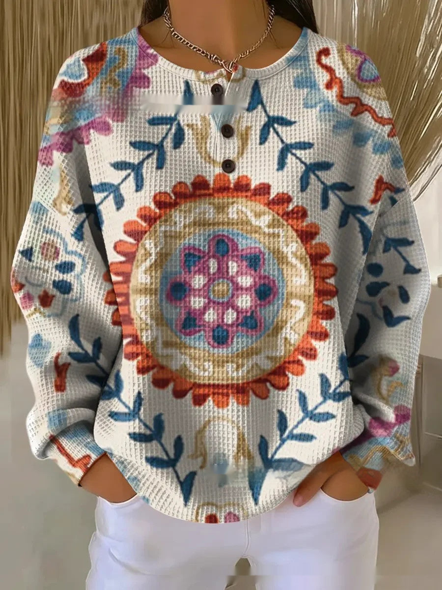 Retro Geometric 3D Digital Print Three-Button Stand-Up Collar Womens T-Shirt Top