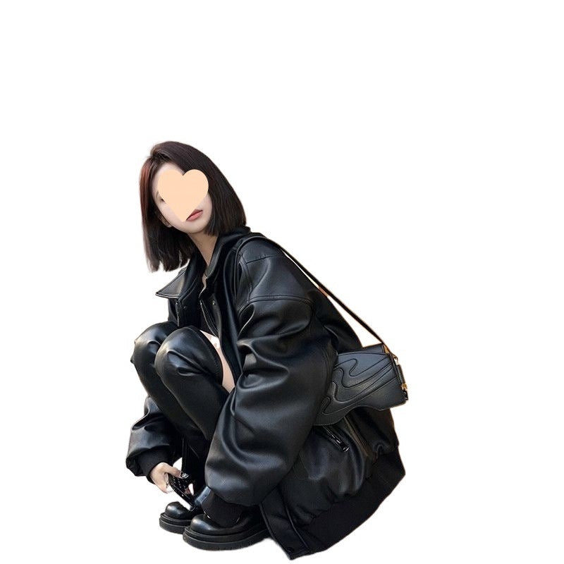 American Retro High-grade Black Leather Jacket Coat Women