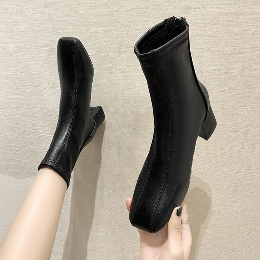 Square Toe Thick Heel Ankle Boots Martin Boots Women's Small High Heel Short Boots