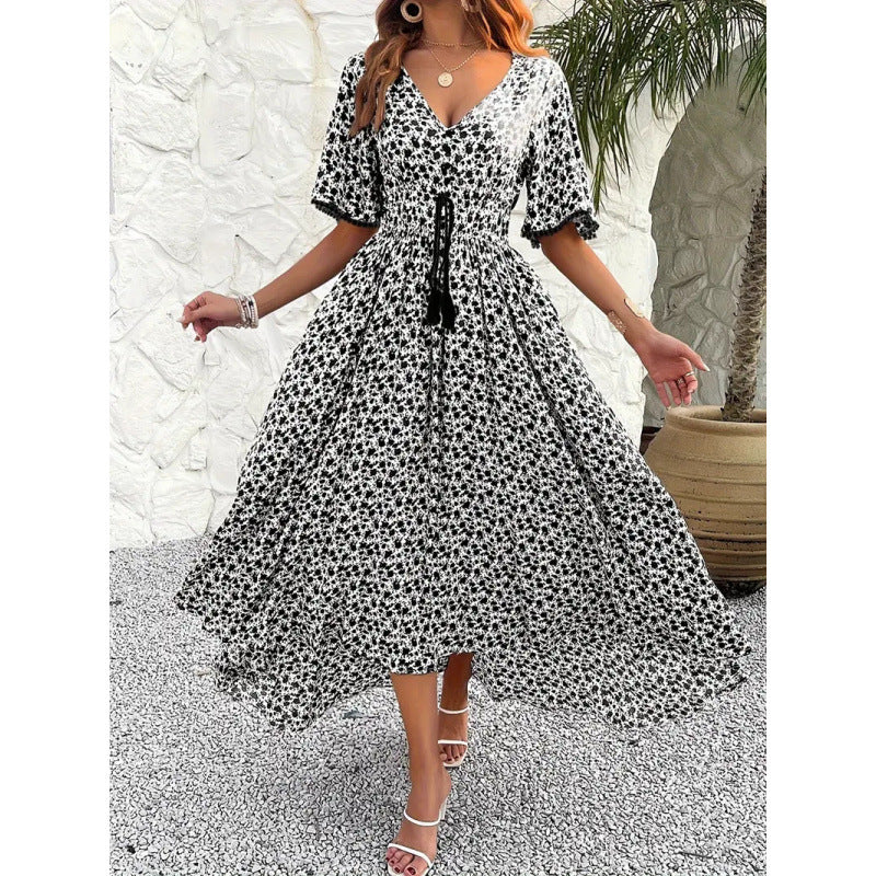 Womens V-Neck Elegant Chic Printed Dress