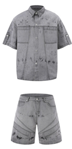 New Summer Retro Washed Denim Shirt And Shorts Set