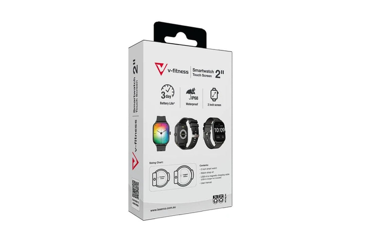 V-Fitness IP68 Smart Watch 2In Touch Screen Apple/Google Fit Tracking Black