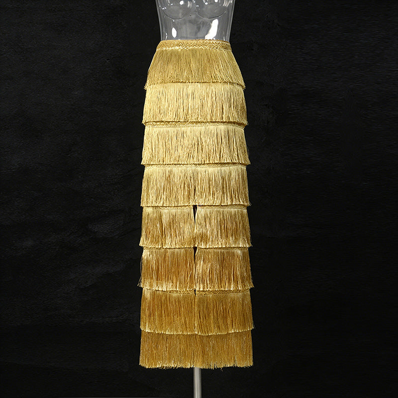 Fashionable Tassel-trimmed Layered Solid-color High-waisted Long Skirt