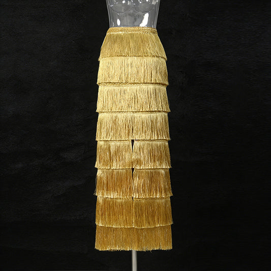 Fashionable Tassel-trimmed Layered Solid-color High-waisted Long Skirt