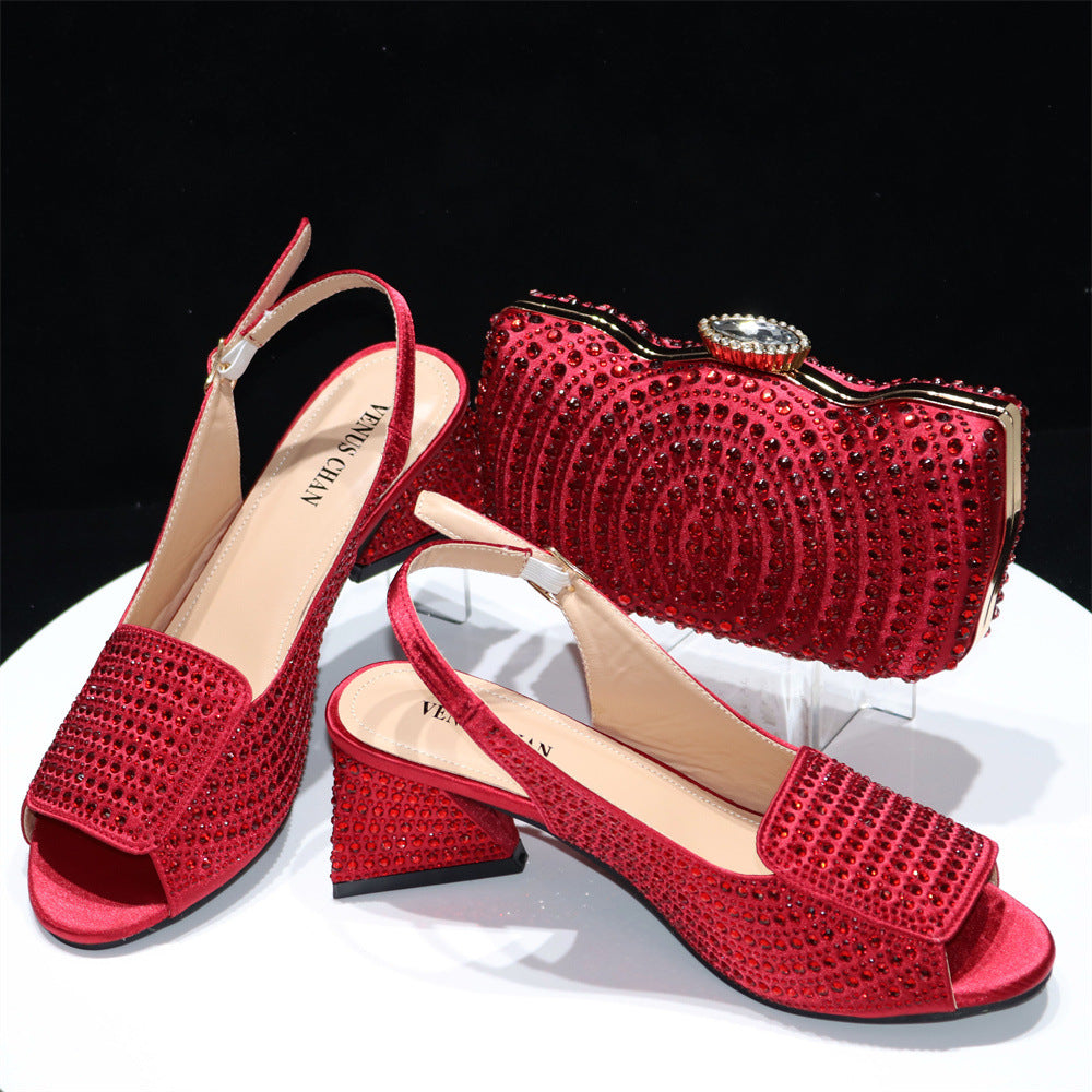 Peep Toe Rear Empty Slippers Monochrome Pressure Diamond Women's Shoes