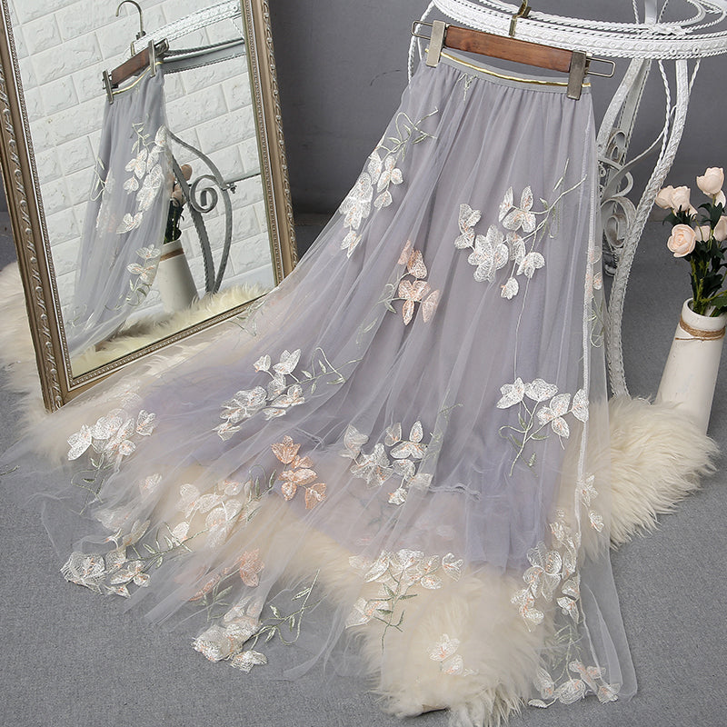 Fashionable Mesh Embroidered Long Skirt