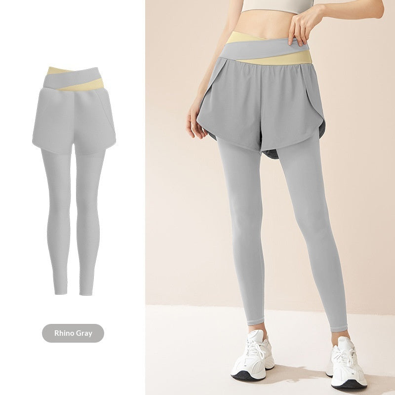 New Color-block Faux Two-piece Yoga Pants With Side Pockets