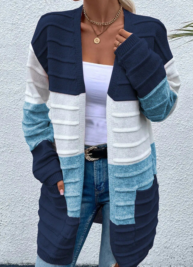 Amazon AliExpress Sweater Women's Fashion Jacket With Big Pockets Autumn And Winter Long Striped Color Matching Cardigan