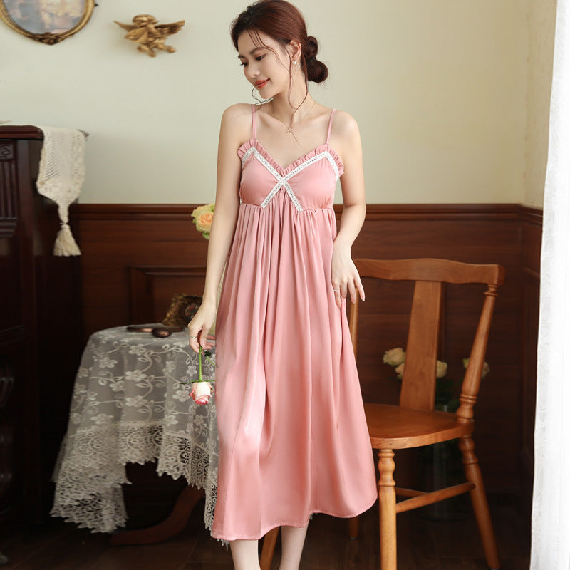 French-style Long Nightgown With Built-in Chest Pads Perfect For Wearing Outside