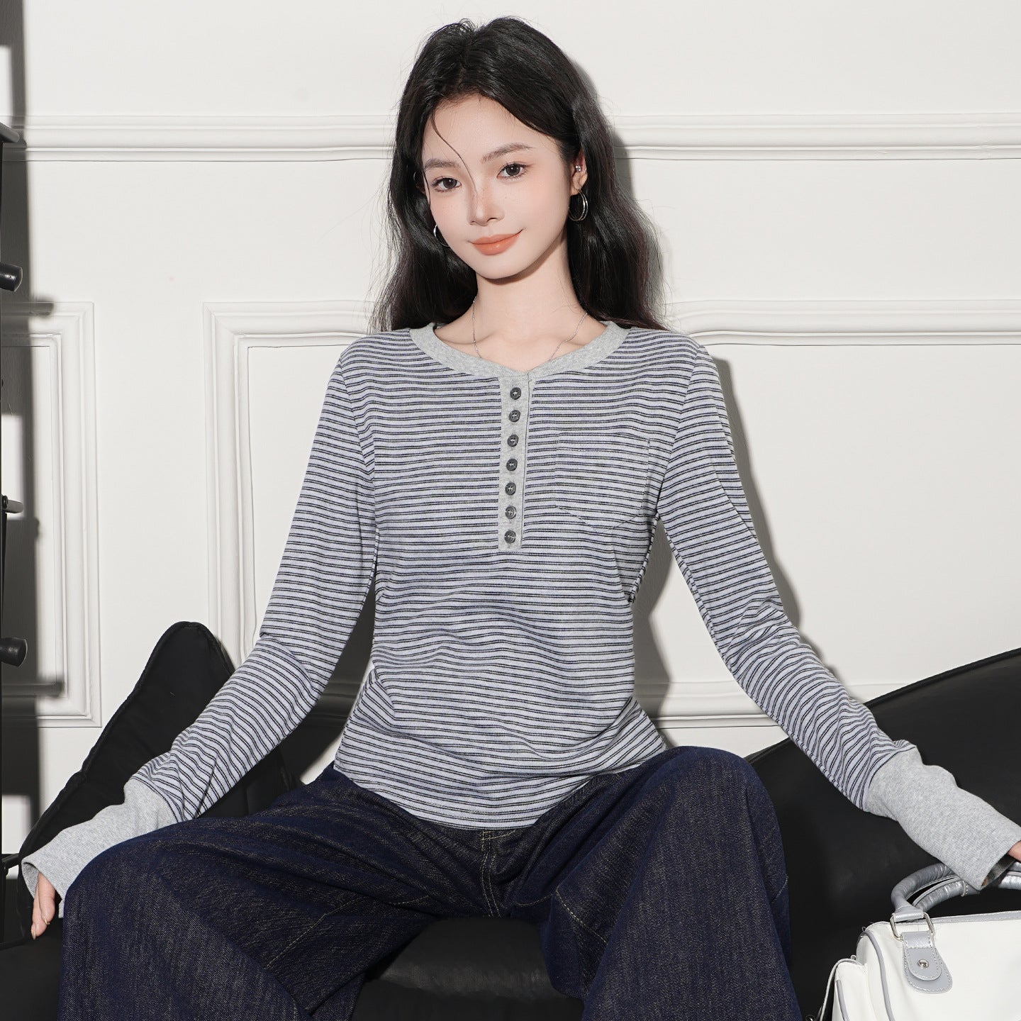 Striped Half-open Collar Long-sleeved T-shirt For Women