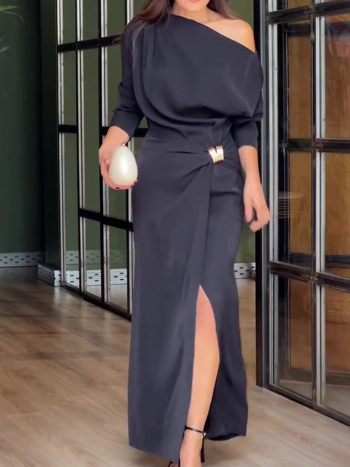 One-Shoulder Metal Buckle High Slit Dress