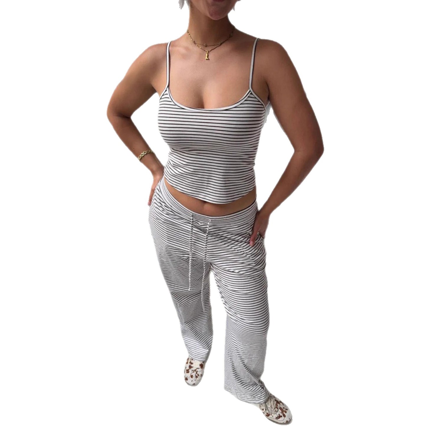 Striped Camisole Top And Elastic-waist Pants Loungewearpajama Two-piece Set