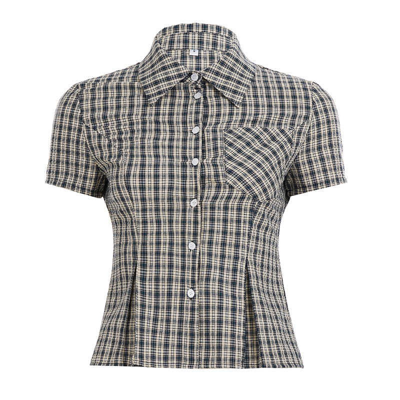 British Style Wooden Ear V-neck Plaid Shirt Elegant Waist Button Puff Sleeve Top