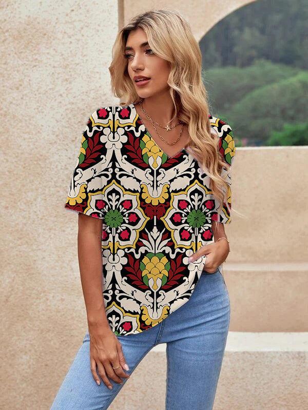 Printed Short Sleeve Urban Loose Casual Women's V Neck T Shirt