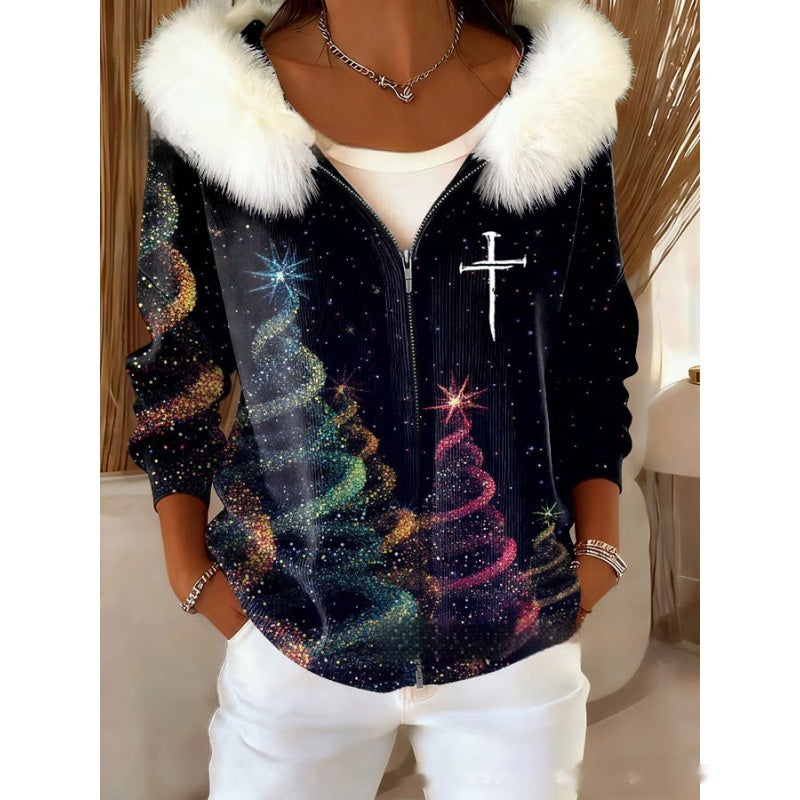 Stilfuld 3D Digital-Print Cardigan Til Damer Med Faux Fur Hætte
