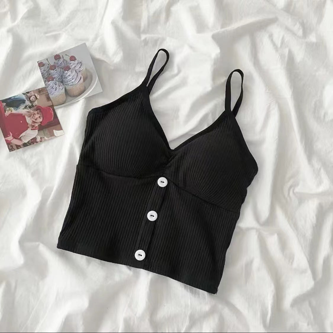 Button Solid Color Camisole Cotton Vest Girl