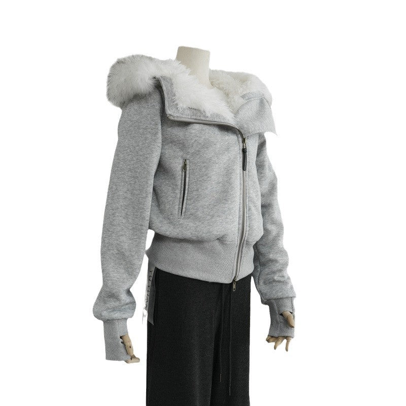 Hooded Fur Collar Twill Plush Liner Cotton Coat Jacket