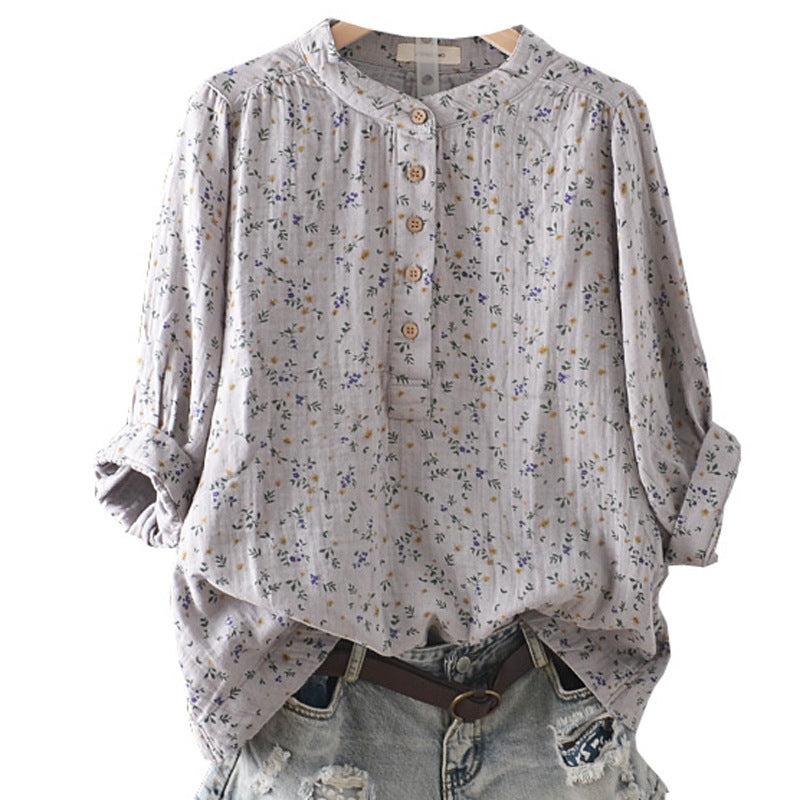 Double-layer Cotton Yarn Shirt Floral Stand Collar Loose