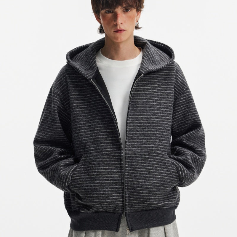 Hooded Heavyweight Lazy Style Striped Cardigan Coat