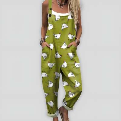 Printed-button Casual Suspender Pants For Women