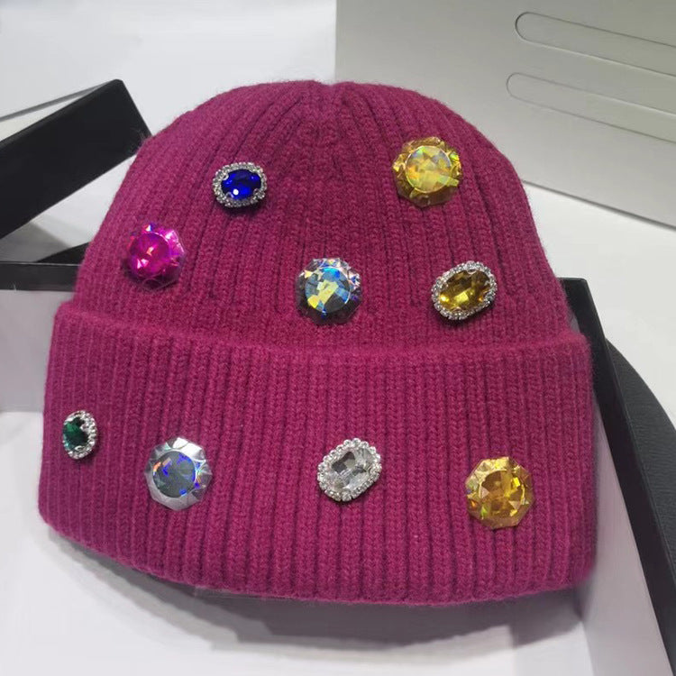 Hand-drilled Gem Rhinestone Hat Women's All-match Knitting